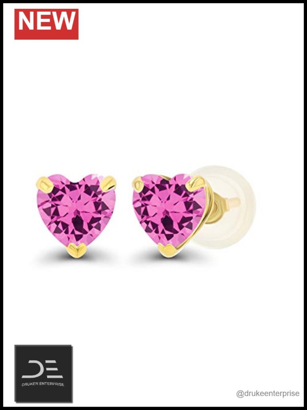 Solid 14K Gold 5mm Heart Stud Earrings with Pink Sapphire Hypoallergenic
